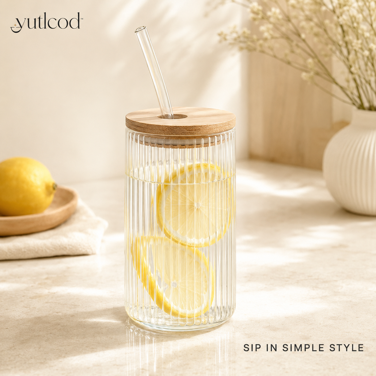 yutlcod ribbed glass tumbler with wooden lid and glass straw