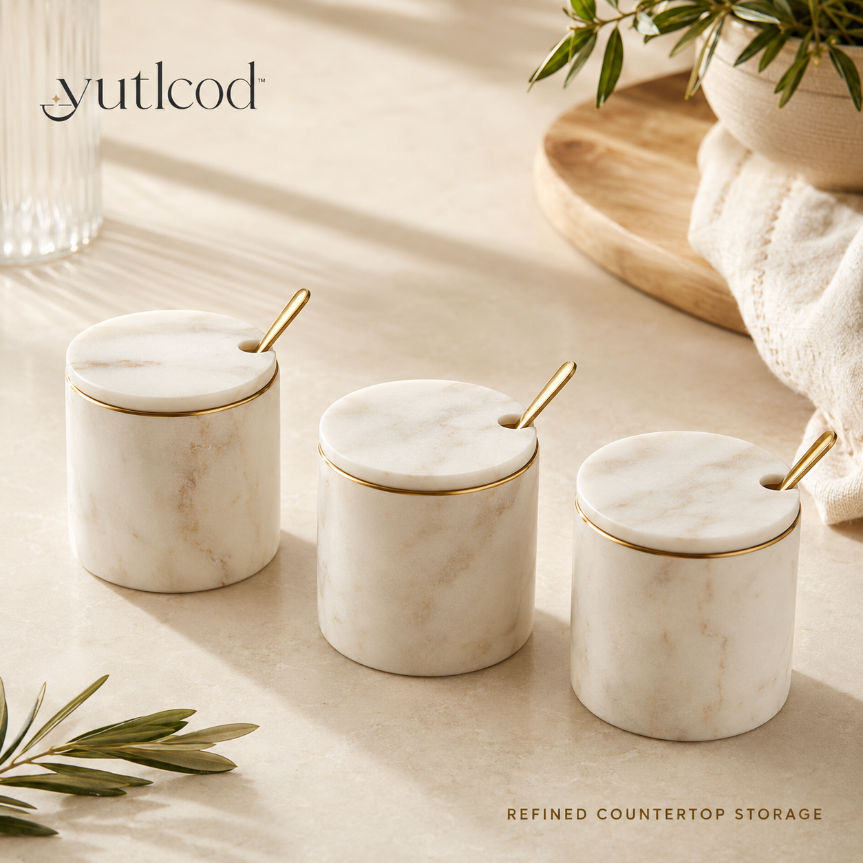 yutlcod three-piece marble spice jar set with gold-tone spoons