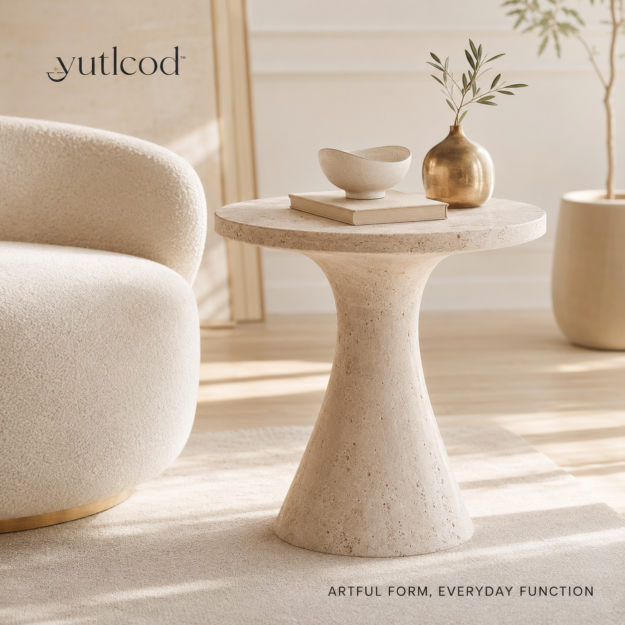 yutlcod sculptural side table with warm stone-inspired finish