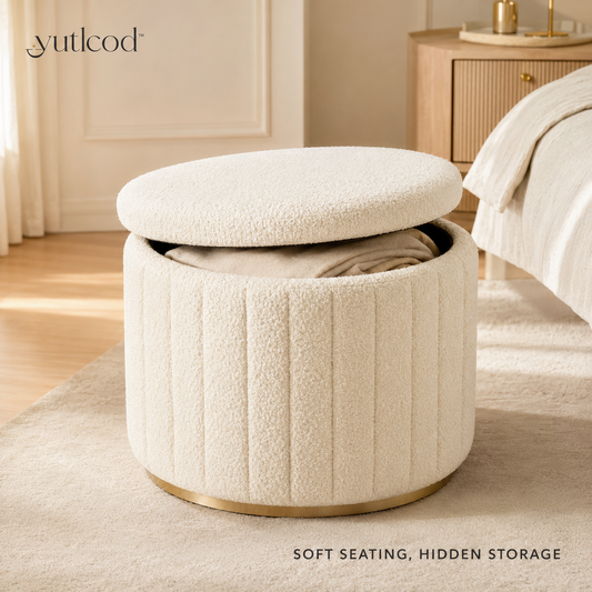 yutlcod ivory boucle storage ottoman with lift-off lid