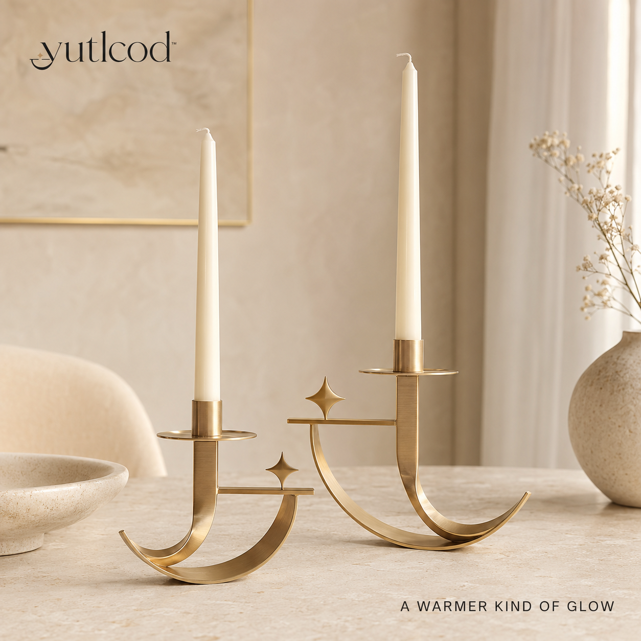 yutlcod two-piece abstract champagne-gold metal candle holder set