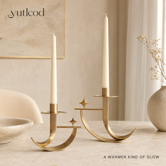 yutlcod two-piece abstract champagne-gold metal candle holder set