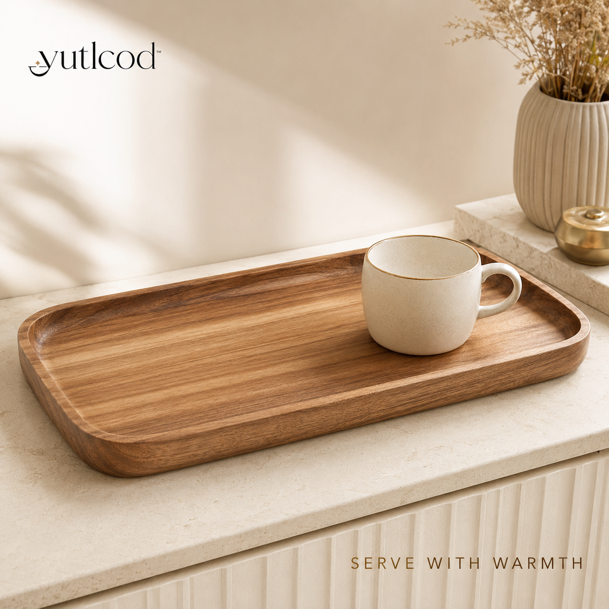 yutlcod acacia wood serving tray with rounded raised edge